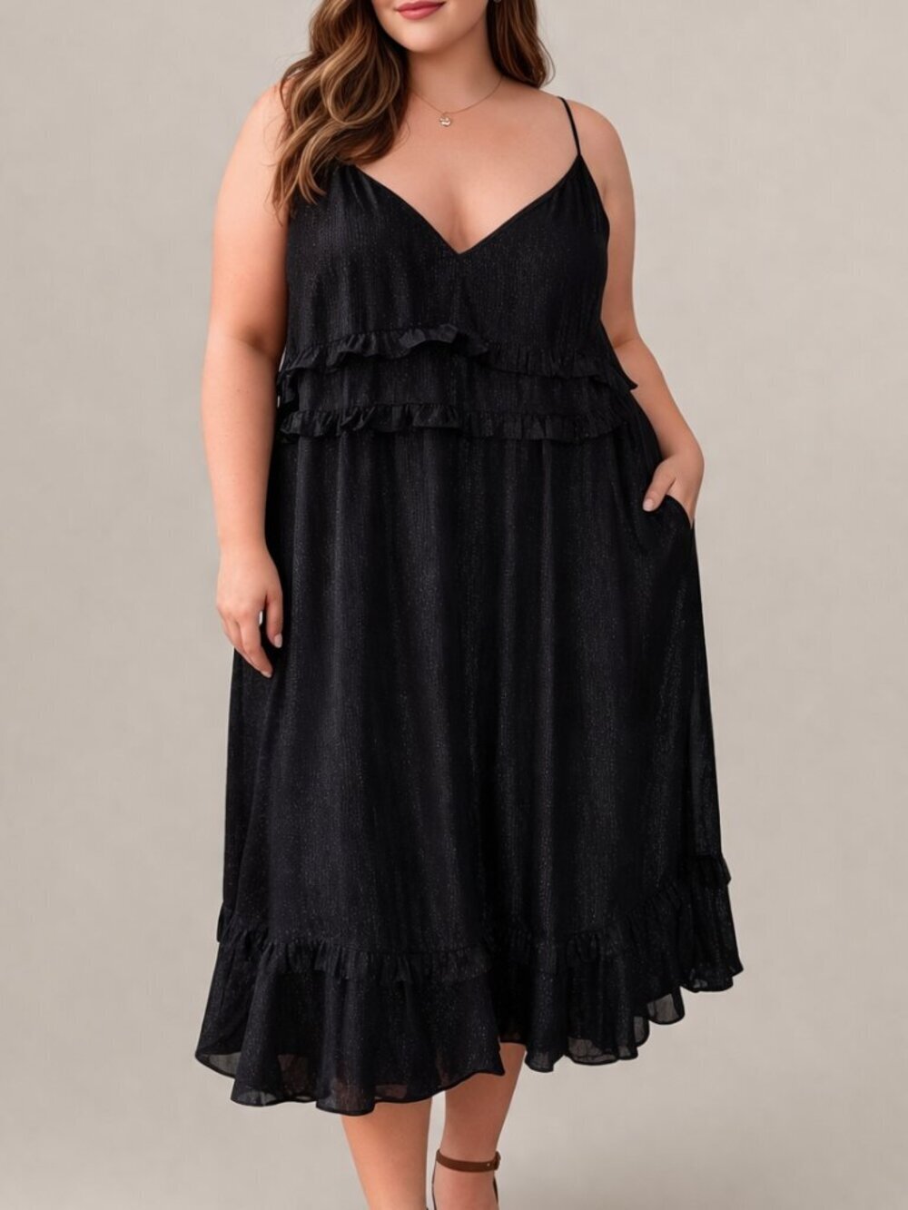 Madewell Plus Size 22 Black Metallic Ruffle Midi Dress Spaghetti Strap Tiered